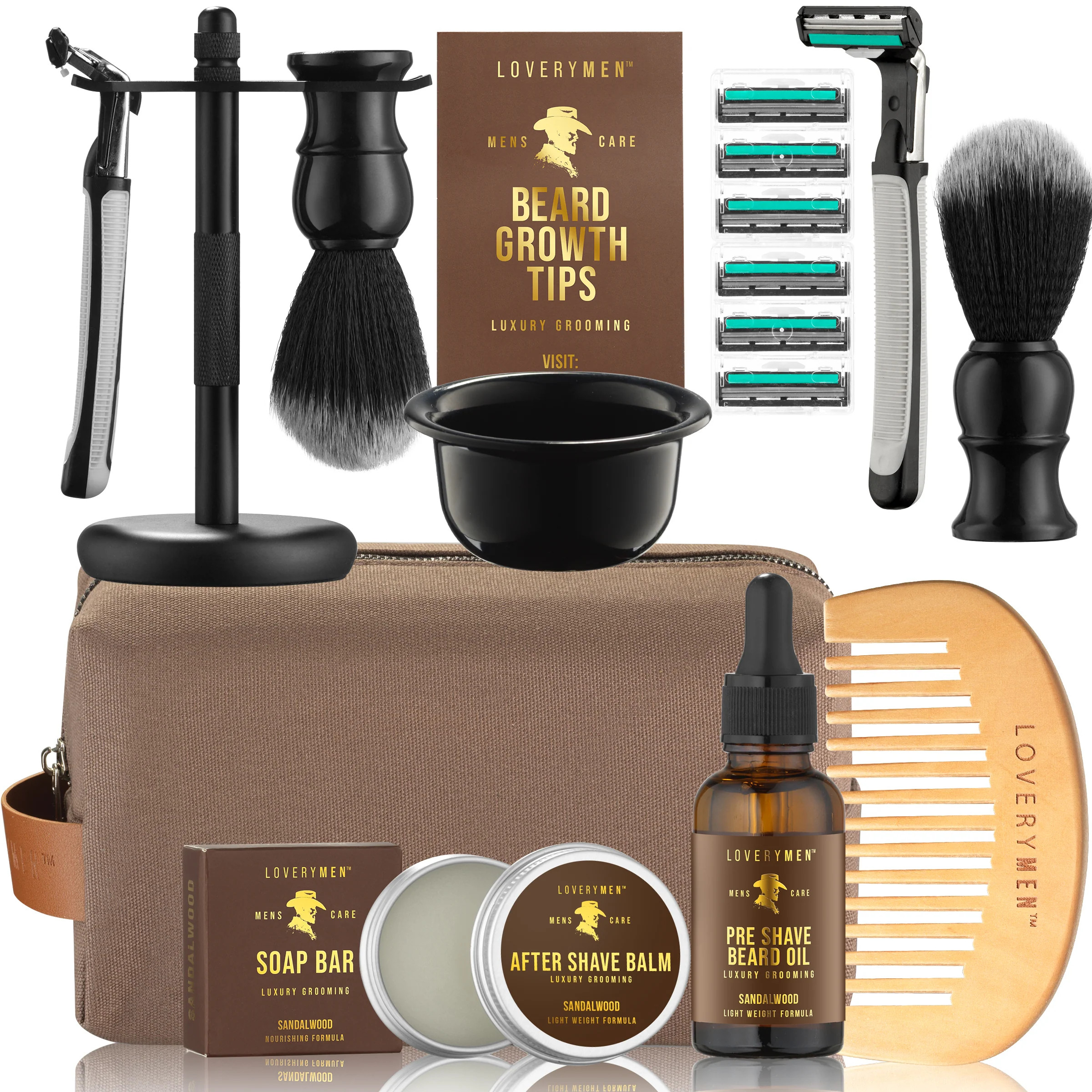 LOVERYMEN Ultimitae Beard Shaving Kit wrapped in a Luxury Brown Leather Bag | Shop Simon