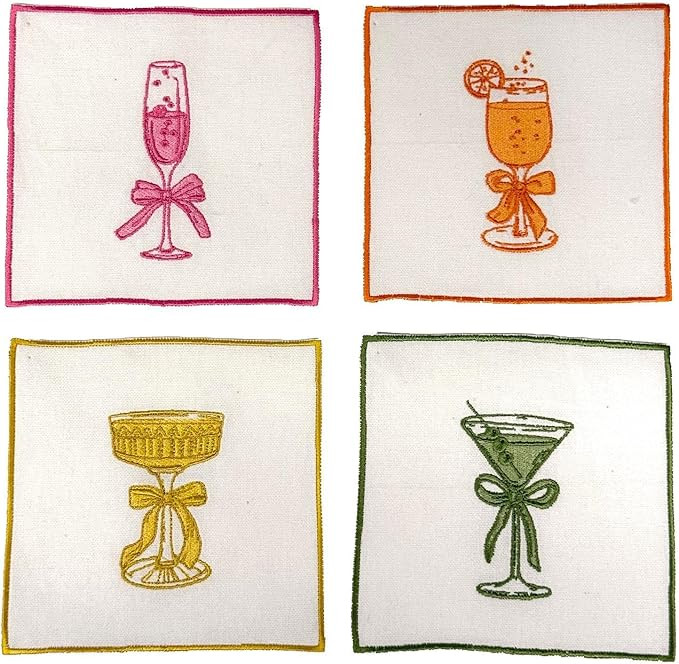 Two's Company Cheers Embroidered Cocktail Napkins, 5-Inch, Cotton, Multicolor, Set of 4 | Amazon (US)