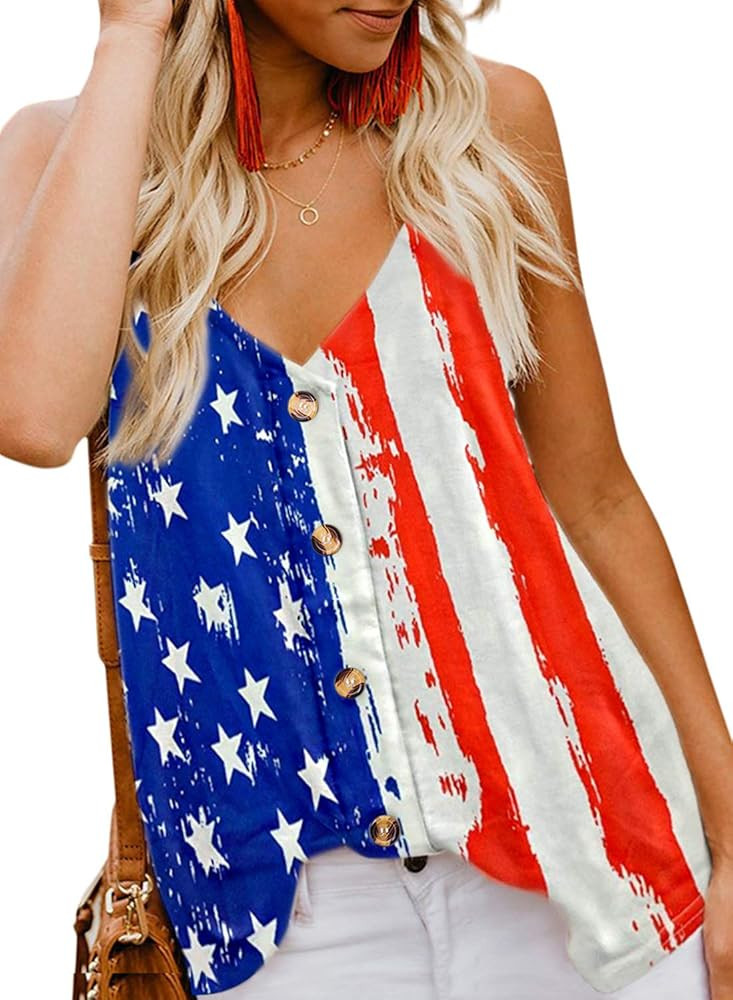 FARYSAYS Women's Sexy Button Down V Neck Cami Tank Tops Loose Casual Sleeveless Shirts Blouses | Amazon (US)