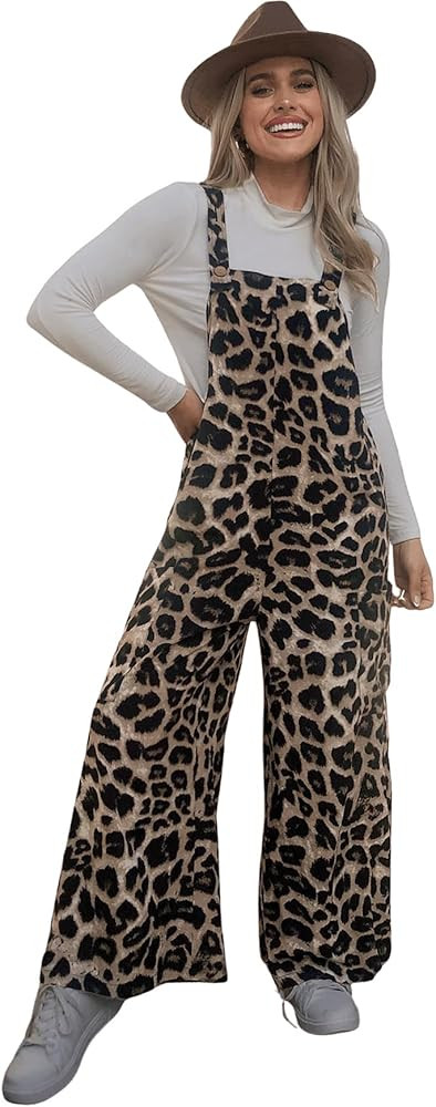 OYOANGLE Women's Leopard Print Strap Bib Overalls Sleeveless Straight Leg Long Jumpsuits with Poc... | Amazon (US)