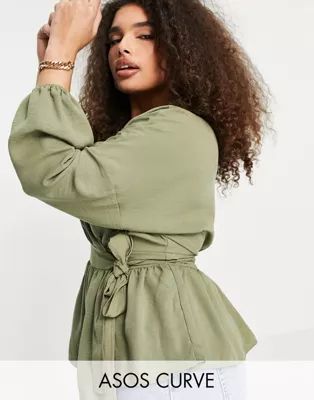 ASOS DESIGN Curve long sleeve volume wrap front kimono top in sage | ASOS (Global)