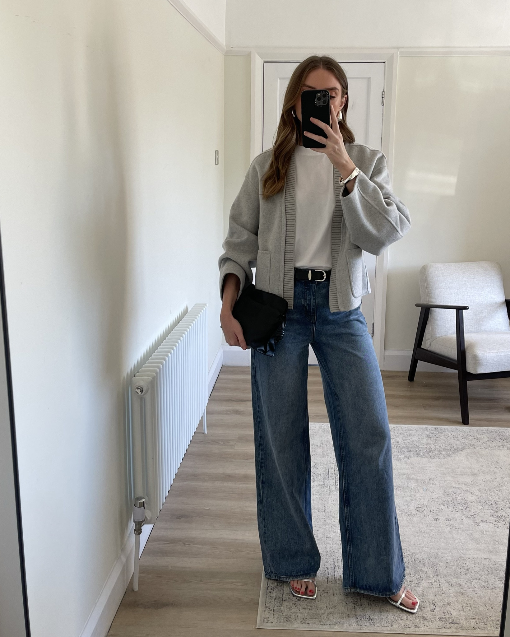 Grey jacket styling 
A small in the & Other stories white t-shirt
Medium grey Mint Velvet jacket
Size 8 in the Hush Abi jeans 
Loewe mini flamenco bag
Silver heels
Karen Millen silver cuff, EMILY15 for 15% off 


Outfit inspiration, dressy casual outfit, wide leg jeans outfit,



#LTKuk #LTKautumn #LTKeurope