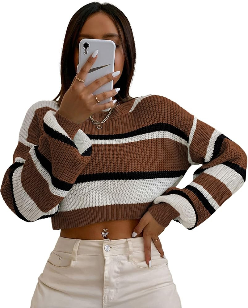 ZAFUL Women's Color Block Striped Sweater Crew Neck Lantern Sleeve Cropped Sweaters Casual Loose ... | Amazon (US)