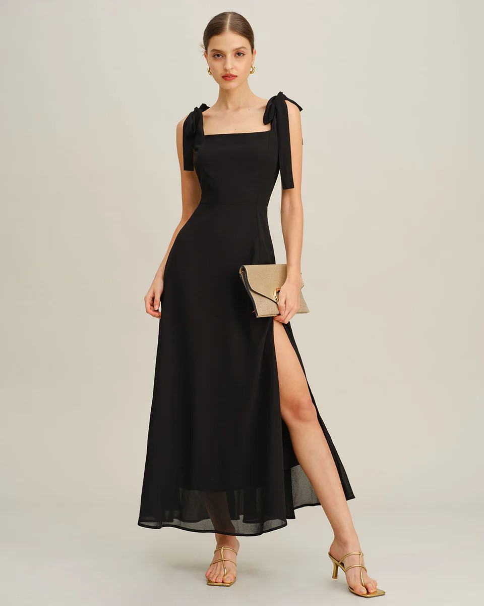 Black Chiffon Tie Strap Maxi Dress | rihoas.com
