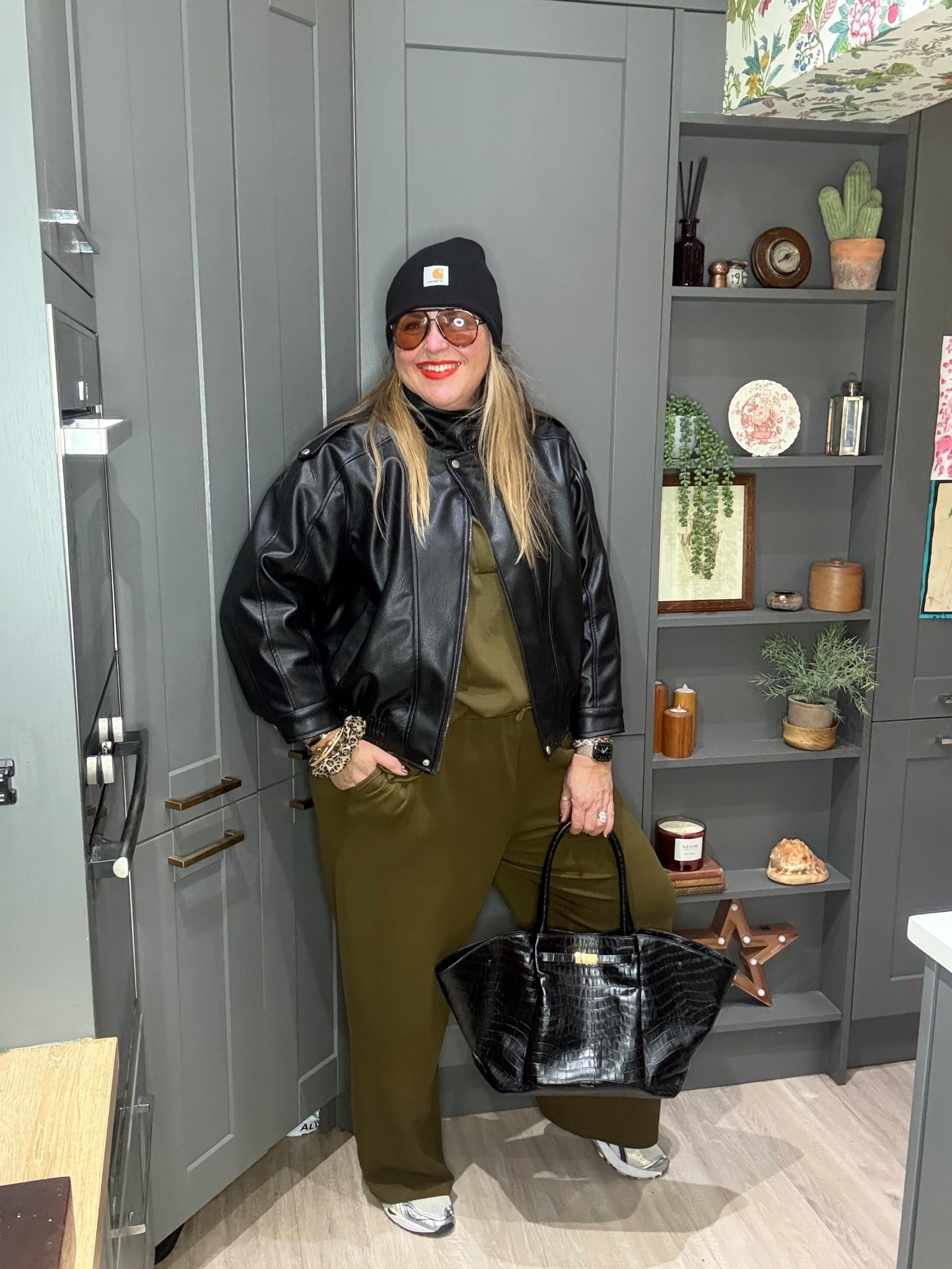 Lounge wear, trainers, faux leather jacket, beanie, sunglasses, black tote bag 

#LTKplussize #LTKcurves #LTKwinter