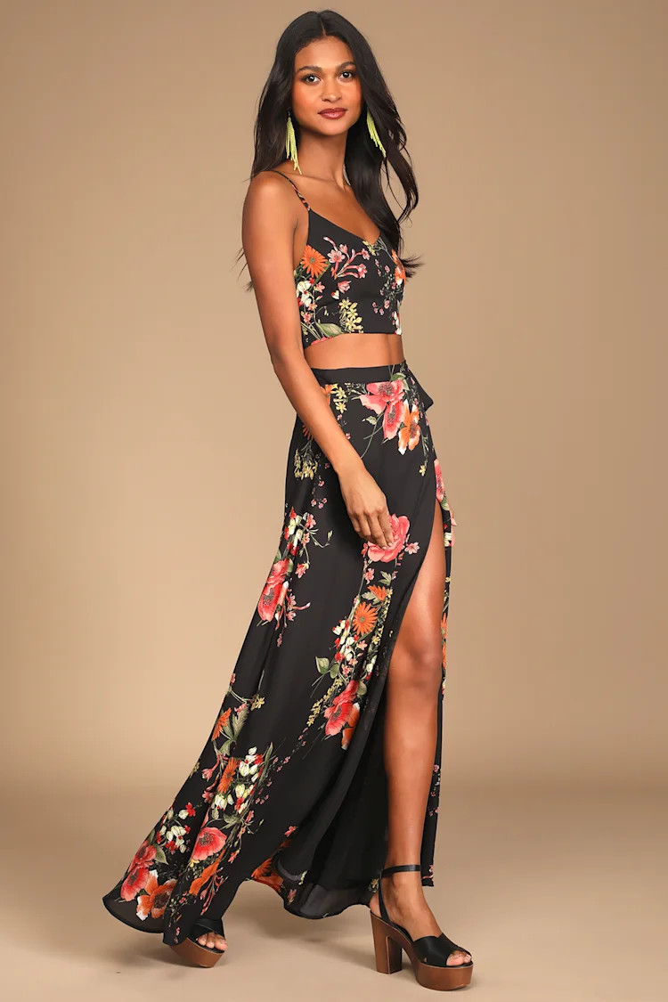 Bloom With a View Black Floral Print Two-Piece Maxi Dress | Lulus
