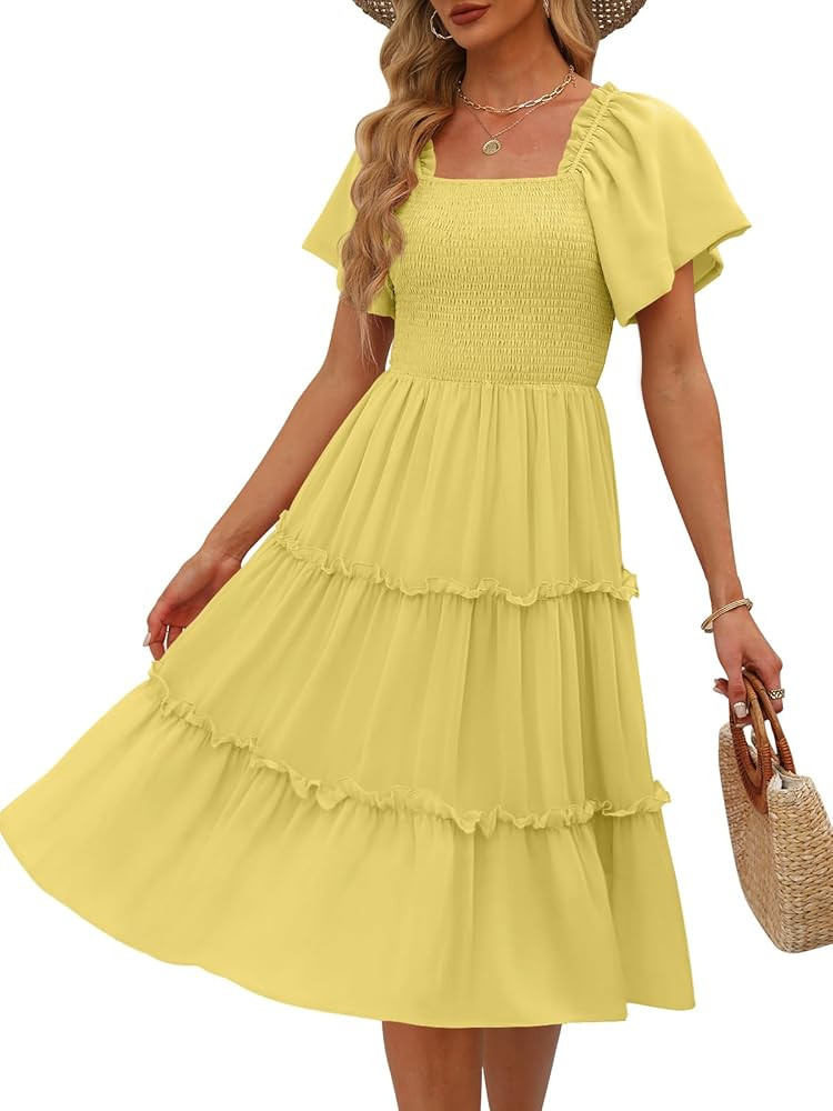 LILLUSORY Women's Summer Casual Flutter Sleeve Square Neck Smocked Midi Dress | Amazon (US)