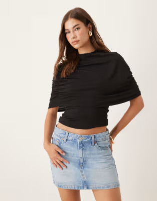 Gina Tricot short cape ruched top in black | ASOS (Global)