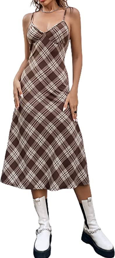 WDIRARA Women's Causal Plaid Print Spaghetti Strap Flare Hem Cami Long Dress | Amazon (US)