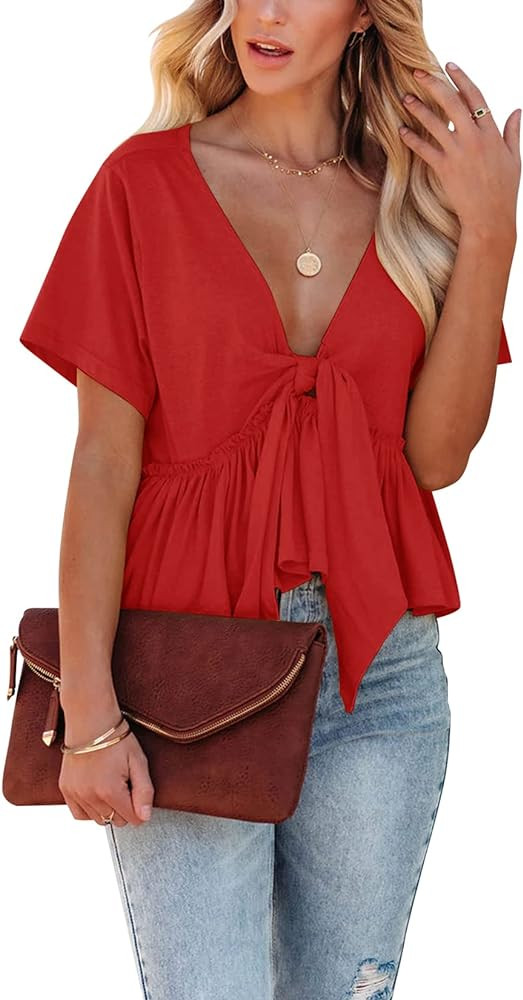 Fanway&EC Women's Short Sleeve V Neck Blouses Ruffle Hem Tie Front Crop Tops Lightweight Basic Su... | Amazon (US)