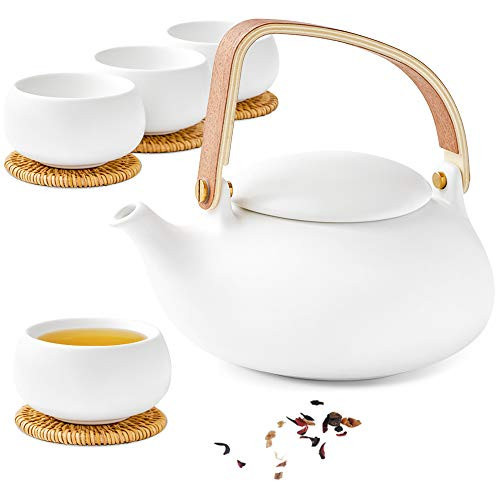 ZENS Modern Japanese Tea Set, 27 oz Ceramic Japanese Teapot with Fine Stainers and 4 Cups for Loose Leaf Tea Steeper, Wood Handle Matte Japanese Teapots Hot Tea Brewer for Tea Party Women Gifts | Amazon (US)