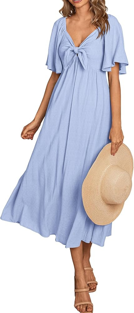 Pretty Garden Womens 2024 Casual Short Sleeve Bow Tie V Neck Ruffle Midi Flowy Dresses | Amazon (US)