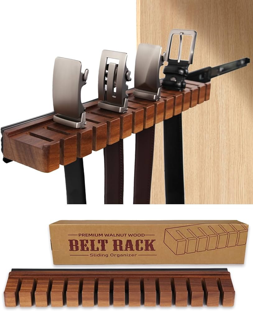 Premium Walnut Wood Belt Hanger with Slider, Belt Closet Organizer and Storage, Belt Hanger for C... | Amazon (US)