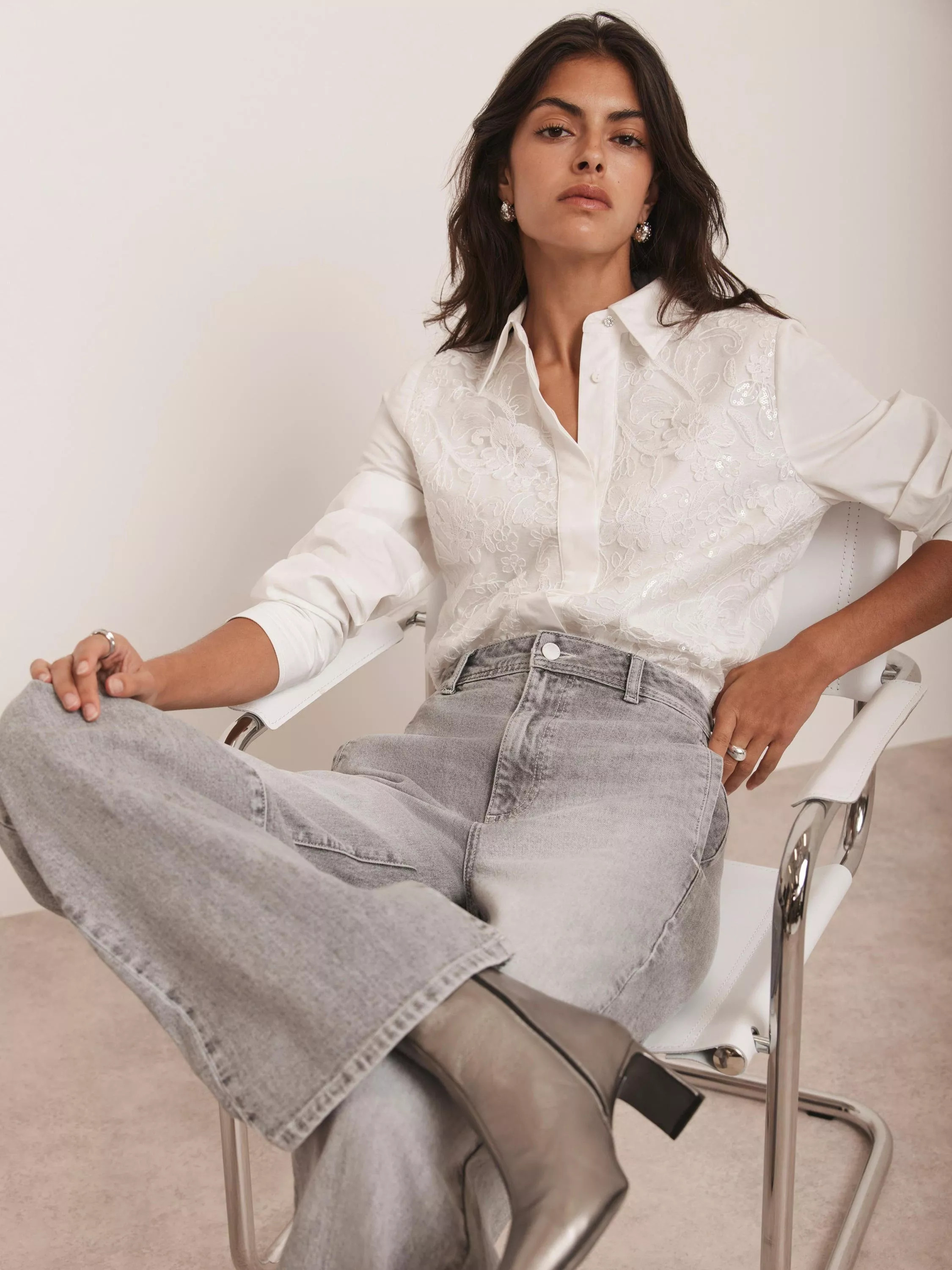 Mint Velvet Lace Sequin Long Sleeve Shirt, White Ivory | John Lewis (UK)
