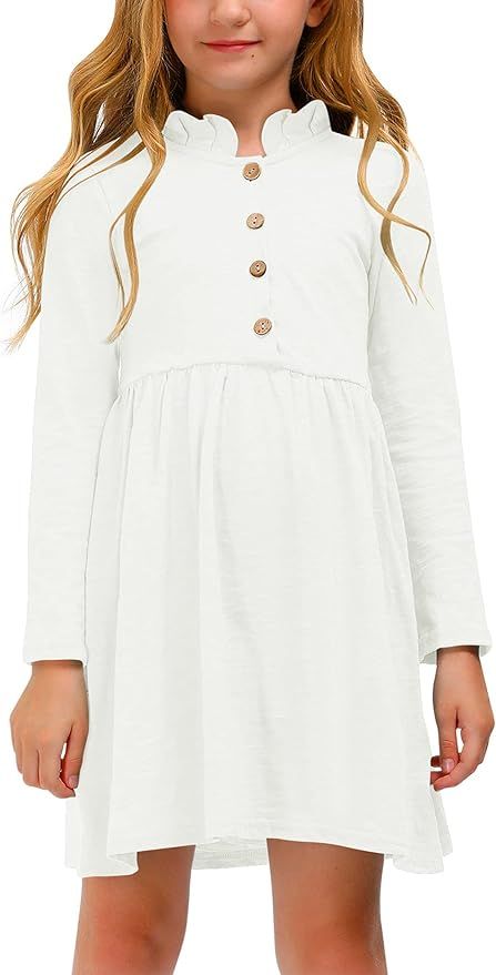 BesserBay Girl's Ruffle Collar Button-Down Pleated Casual Swing Midi Dress 4-12 Years | Amazon (US)