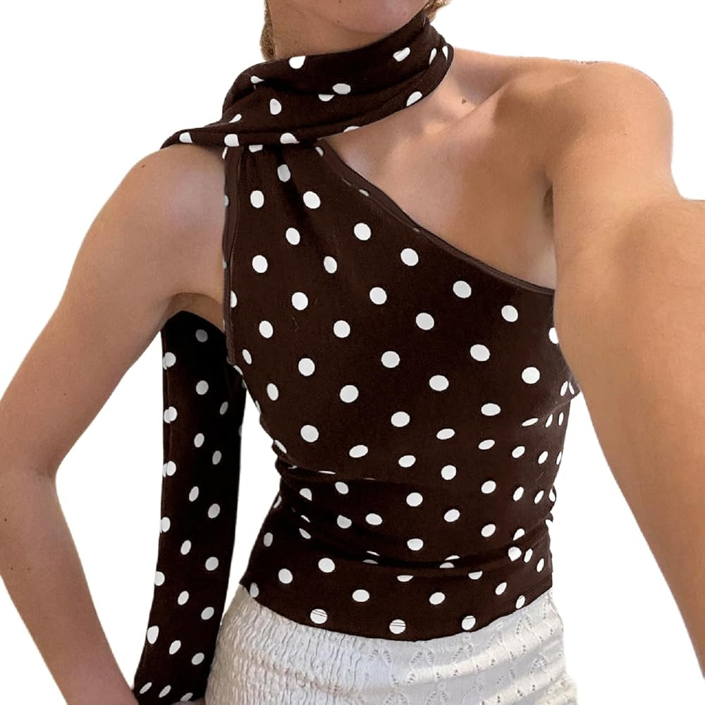 Y2k Polka Dot Tank Top for Women One Shoulder Sleeveless Halter Crop Top Backless Camisole with S... | Amazon (US)