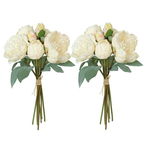 TOCHGREEN Artificial Peonies Silk Flowers 2 Bouquets Vintage Fake Peonies 14pcs Heads Faux Peony Flowers with Stems for Home Wedding Table Decoration Bridal Bouquet Floral Arrangement (White, 2PCS) | Amazon (US)