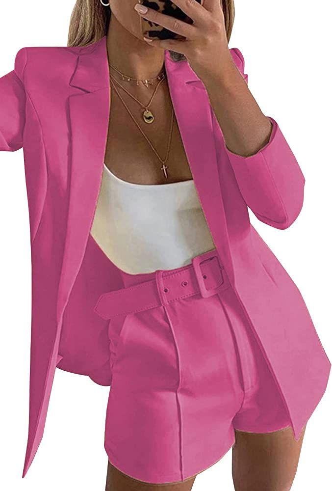 2 Piece Outfits for Women Long Sleeve Solid Color Blazer with Pockets Shorts Suit Sets | Amazon (US)