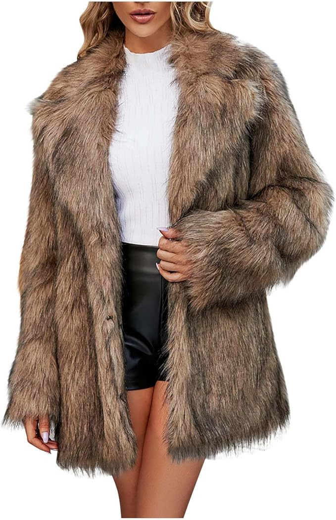 Faux Fur Winter Long Coats Women Warm Lapel Faux Fur Fuzzy Coat Jacket Overcoat Fashion Open Fron... | Amazon (US)
