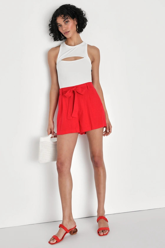 Summery Babe Red Linen Tie-Front Shorts | Lulus (US)