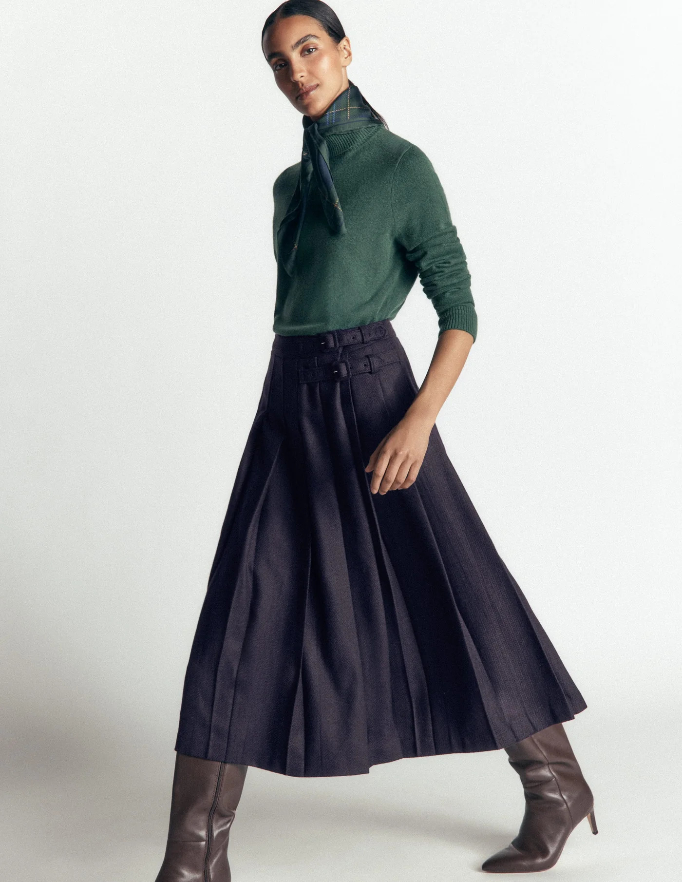 Pleated Midi Kilt-Navy Herringbone | Boden UK