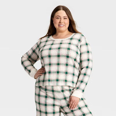 Women's Plaid Ribbed Long Sleeve Holiday Matching Family Pajama Shirt - Wondershop™ Cream | Target