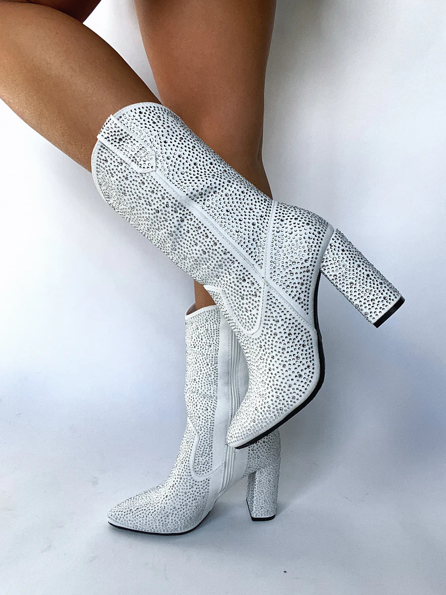 Broadway Rhinestone Boots- White | Willow Boutique