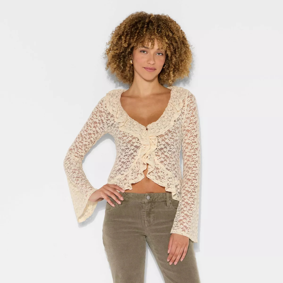 Women's Long Sleeve V-Neck Flyaway Brushed Lace Top - Wild Fable™ | Target