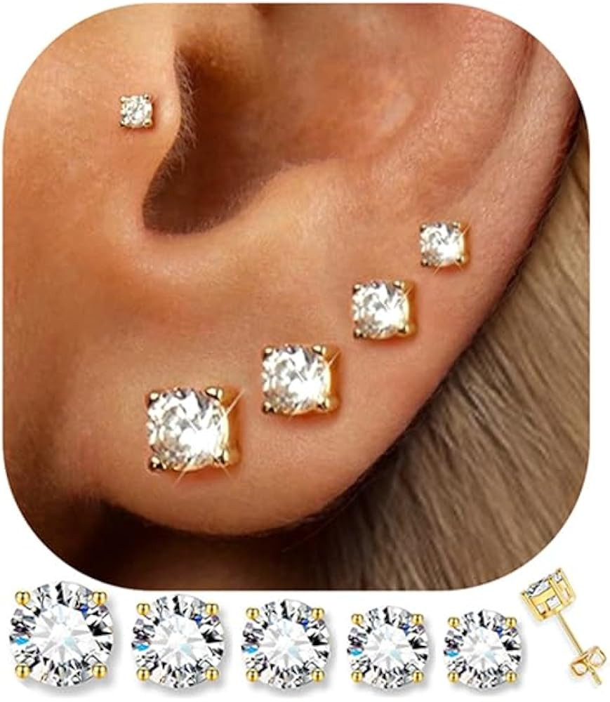5 Pairs 14K Gold Plated Stud Earrings for Women, Hypoallergenic Earring Sets for Multiple Piercin... | Amazon (US)