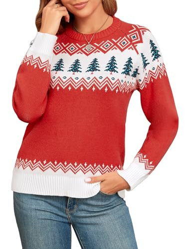 ZAFUL Women's Christmas Cedar Snowflake Trucks Patterns Knitted Sweater Long Sleeve Floral Printed Pullover Tops | Amazon (US)