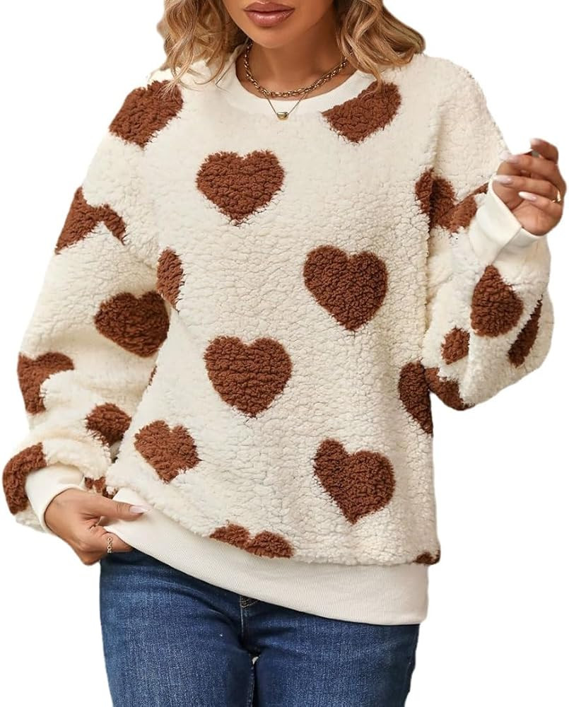 Womens Sherpa Fleece Warm Sweater, Heart Fuzzy Pullover Sweatshirt Tops | Amazon (US)