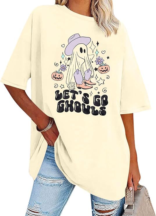 FLOYU Women Let's Go Ghouls Shirt Spooky Season T-Shirt Halloween Ghost Tops Casual Fall Hallowee... | Amazon (US)