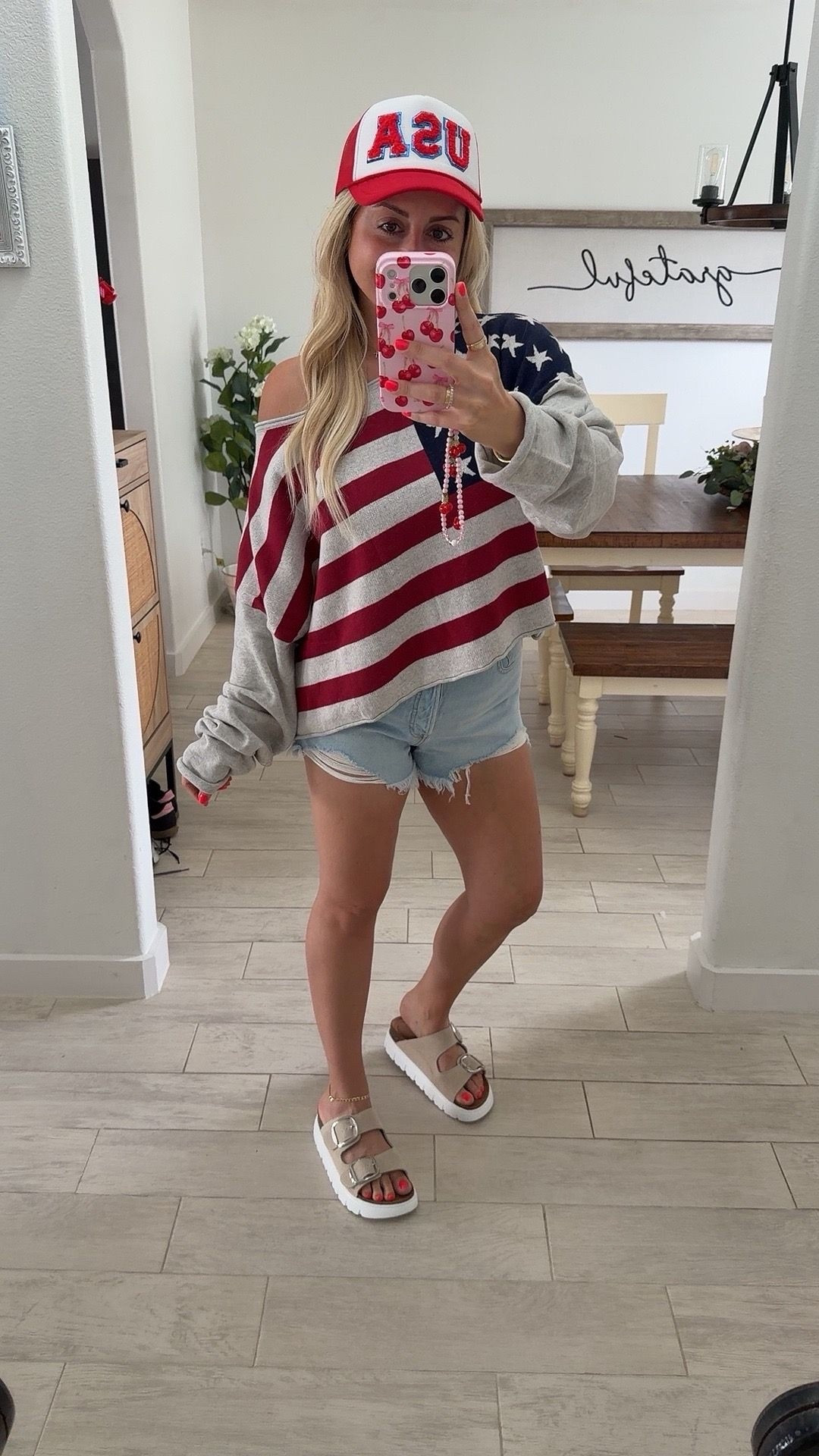 Memorial Day and 4th of July outfit
Large flag sweater 
Denim shorts tts
Sandals tts