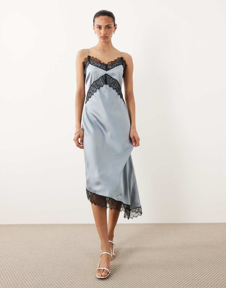 New Look asymmetric contrast lace trim midi dress in blue-Navy | ASOS (Global)