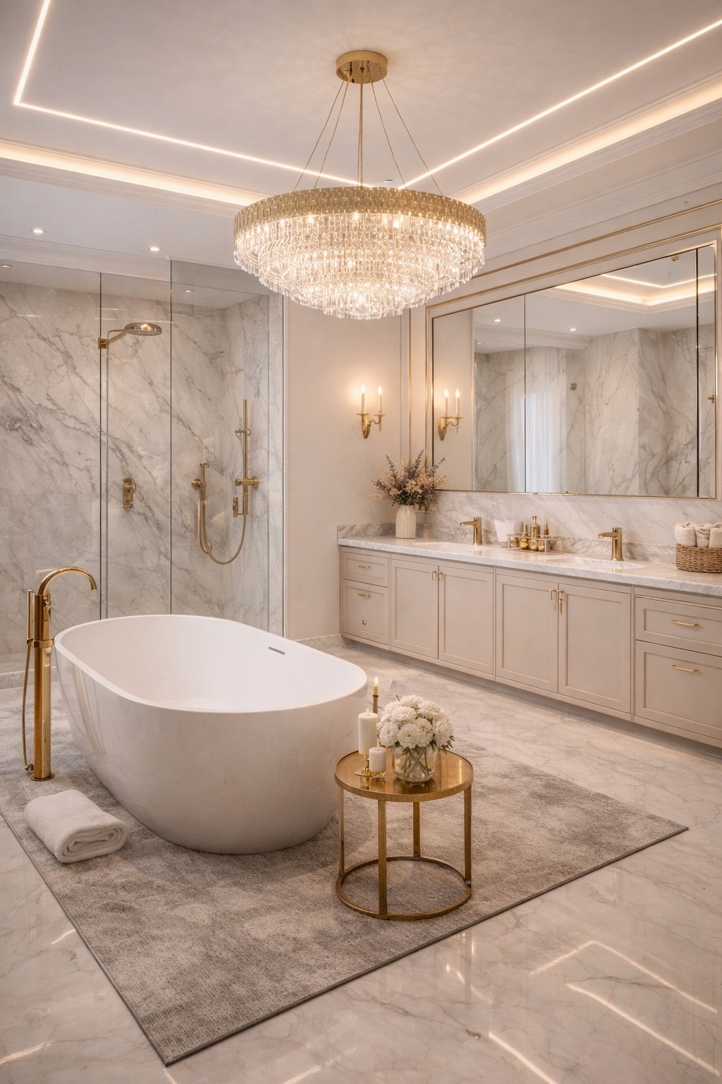 Elegant modern bathroom design featuring a freestanding soaking tub, marble walls, gold fixtures, and a statement crystal chandelier. Soft neutral tones, warm LED ceiling lighting, and a spa-inspired aesthetic create a timeless, high-end interior perfect for luxury home inspiration. Ideal for those who love modern glam, hotel-style bathrooms, and serene organic elegance.

#luxurybathroom #modernbathroomdesign #marblebathroom #freestandingtub #bathroominspo #luxuryinteriors #neutralhome #organicmodern #bathroomdecor #homedecorideas #interiorinspiration #ltkhome #pinteresthome #highenddesign #goldfixtures #spaathome