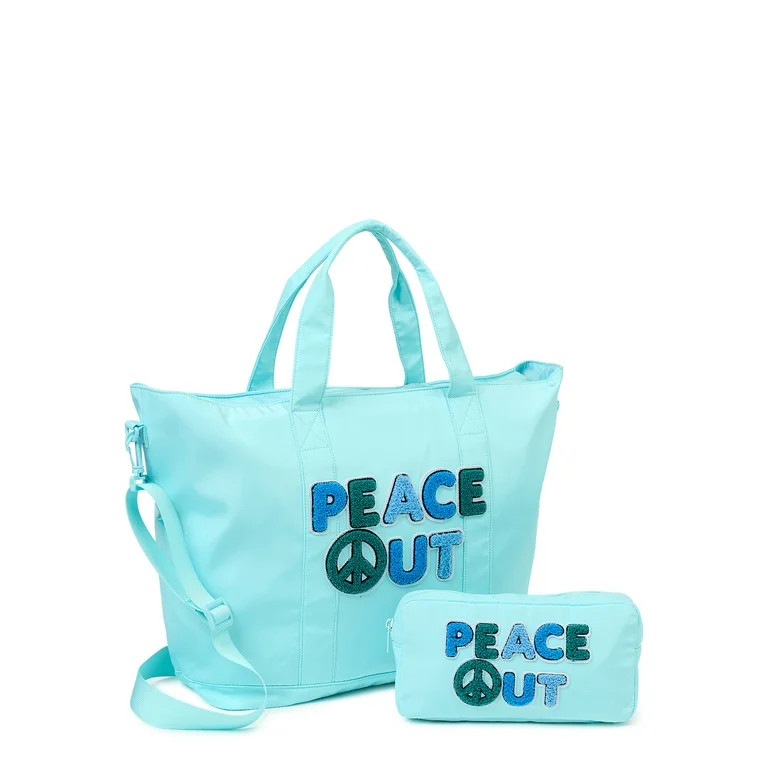 No Boundaries Women’s Peace Out Tote Bag and Pouch, 2-Piece Set Aqua Spa - Walmart.com | Walmart (US)
