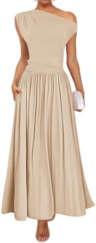 ZESICA Women's Summer 2025 Sleeveless Maxi Dress One Shoulder Casual Slim Swing Pleated Formal Dr... | Amazon (US)