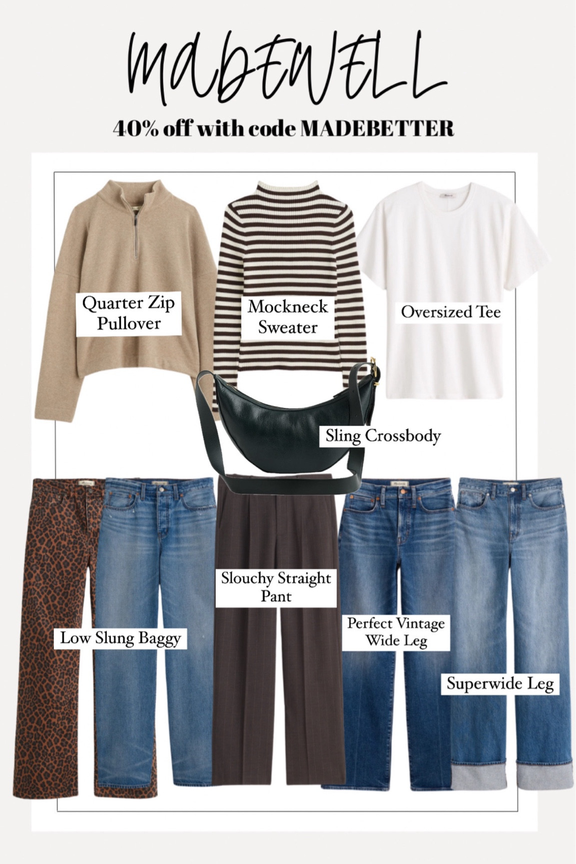Madewell
Slouchy straight leg brown pinstripe pant, run big, wearing 6 but it was too big in the waist and are too short for me at 5’9”
Quarter zip sweater, runs oversized, wearing small
Madewell perfect vintage wide leg jean, tts, wearing my usual size 27, I would probably want tall length though
Crewneck oversized short sleeve tee, tts, wearing small
Madewell super wide leg cuffed jeans, runs big, wearing 27 but could probably do 26, also length is a little short for me at 5’9
Madewell low slung baggy jeans, runs big, tts for roomy, size down for a more fitted waist
Mockneck ribbed sweater, I sized up to  medium, very fitted but also stretchy
Half moon crescent crossbody purse


#LTKCyberWeek #LTKHoliday #LTKSaleAlert
