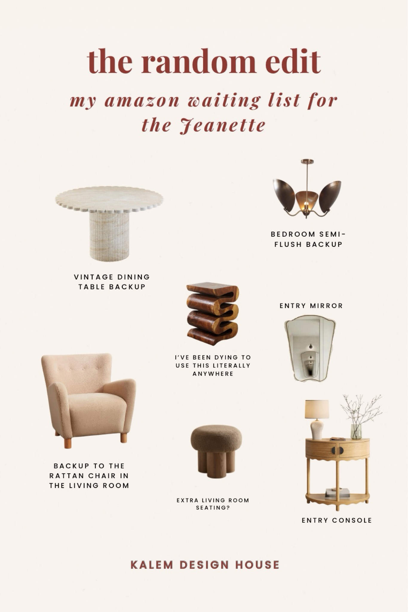 Our list of furniture ready to go for install week at the Jeanette project 🔨🔨

#homedecor

Home Decor, Tov Furniture Blossom Washed Travertine Finish Indoor/Outdoor 54" Round Dining Table
Wood Wave Verve Accent Snake Table
Small Round Foot Stool, Teddy Fabric Footrest Ottoman Stool with Non-Skid Legs, Modern Footstools Step for Couch, Desk, Office, Living Room (Brown)
Carey Accent Chair, Tan
Light Curved Disk Shades Handmade Mid Century Modern Brass Sputnik Chandelier Fixture
Asymmetrical Wall Mirrors Decorative Gold Antique Mirror for Living Room Decor, Irregular Vintage Mirror for Bathroom Bedroom Entryway, Mirror Large Abstract Wavy Frame
Scalloped Skirt Half Moon Console Table - Small Entry Table with Storage for Narrow Spaces - Modern Home Decor - Living Room Furniture - Solid Wood Entryway Table with Two Doors
Wall Mirror - Irregular Arched Wooden Framed Wall Mirror - Asymmetrical Design Mirror for Bathroom Home Living Room Bedroom Entryway
Scalloped Skirt Half Moon Console Table - Small Entry Table with Storage for Narrow Spaces - Modern Home Decor - Living Room Furniture - Solid Wood Entryway Table with Two Doors 
Blossom Washed Travertine Finish Indoor/Outdoor 54" Round Dining Table


#LTKHome