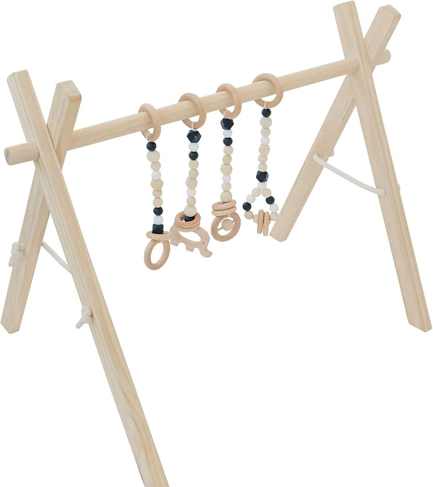Poppyseed Play Wooden Baby Play Gym, Foldable Frame w/Hanging Bar, Tied Cotton Cord & Wooden Toys... | Amazon (US)