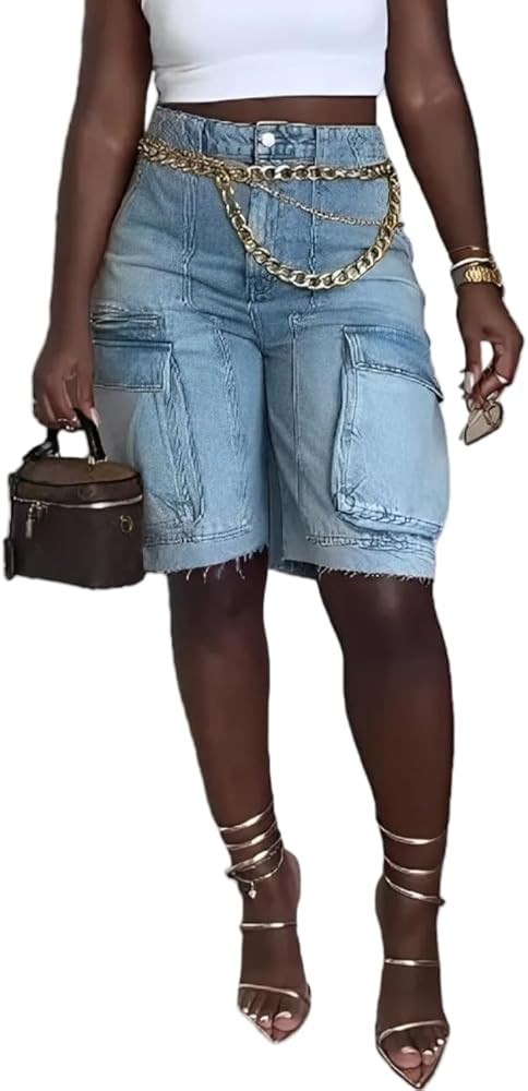 Women's High Waist Denim Shorts Straight Leg Raw Hem Jean Shorts Summer Hot Pants with Pockets | Amazon (US)