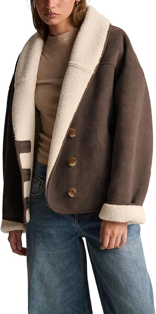 Yeokou Women Suede Jacket Sherpa Lined Casual Button Down Coat Baggy Lapel Warm Winter Outwear wi... | Amazon (US)