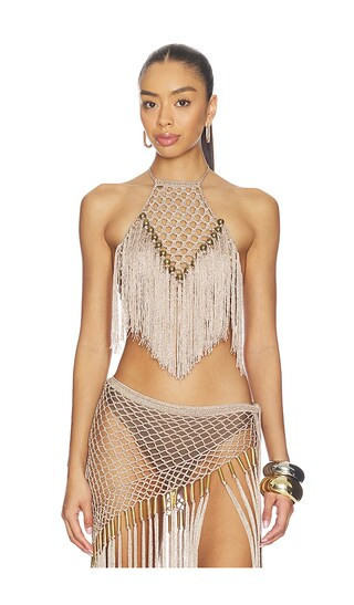 My Beachy Side Aria Hand Crochet Halter Top in Metallic Bronze. - size M | Revolve Clothing (Global)