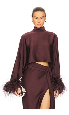 Lapointe Lightweight Satin Caftan Top With Feathers in Mulberry from Revolve.com | Revolve Clothing (Global)