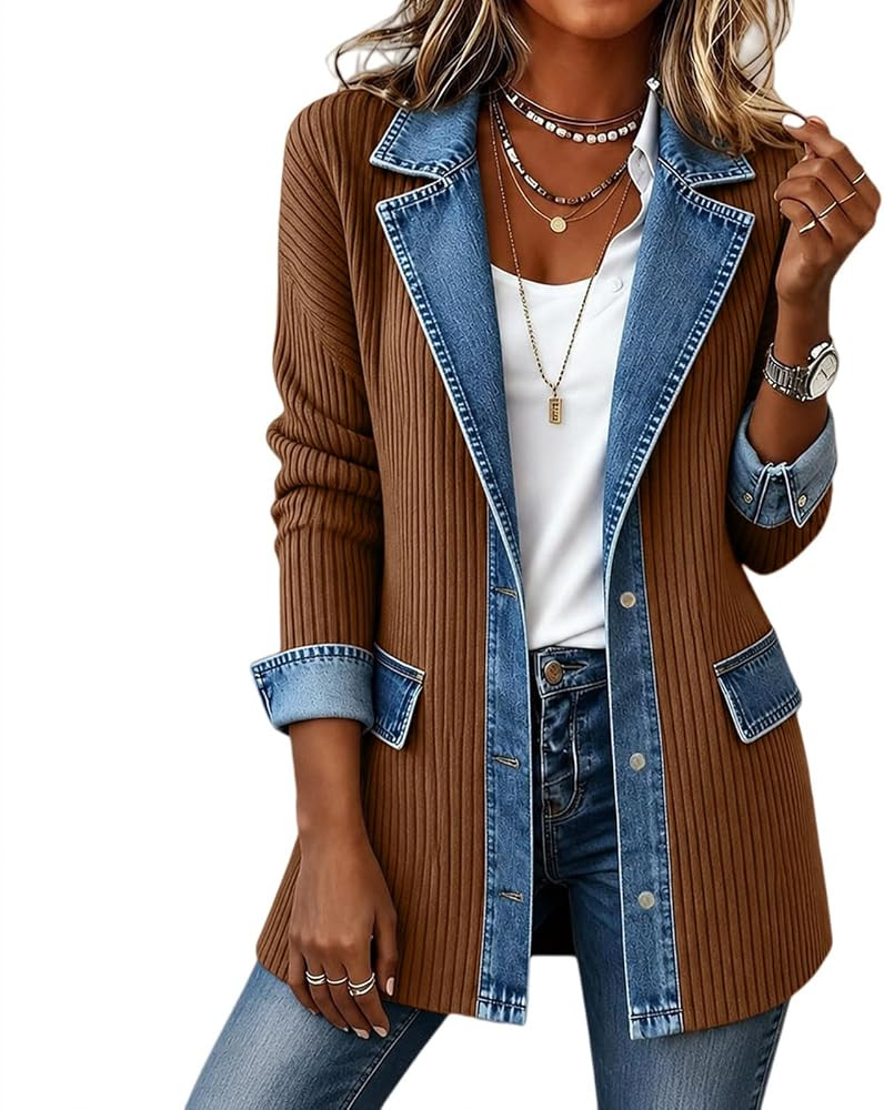 Denim Blazer Cardigan for Women Patchwork Knit Sweater Blazers with Pockets | Amazon (US)