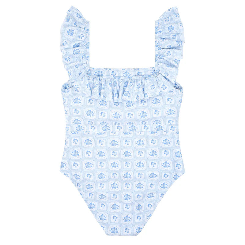 women's mosaic blue floral ruffle one piece | minnow