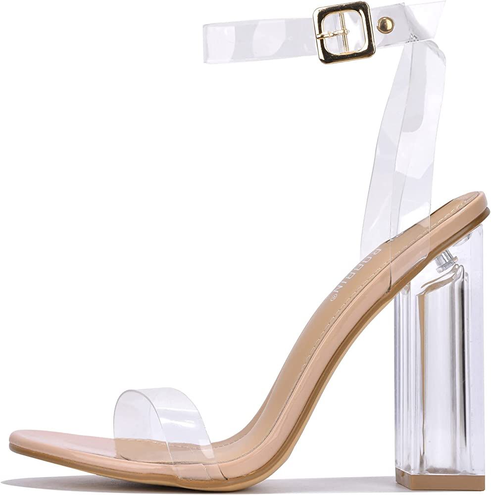 Cape Robbin Maria-2 Clear Chunky Block High Heels for Women, Transparent Strappy Open Toe Shoes Heel | Amazon (US)