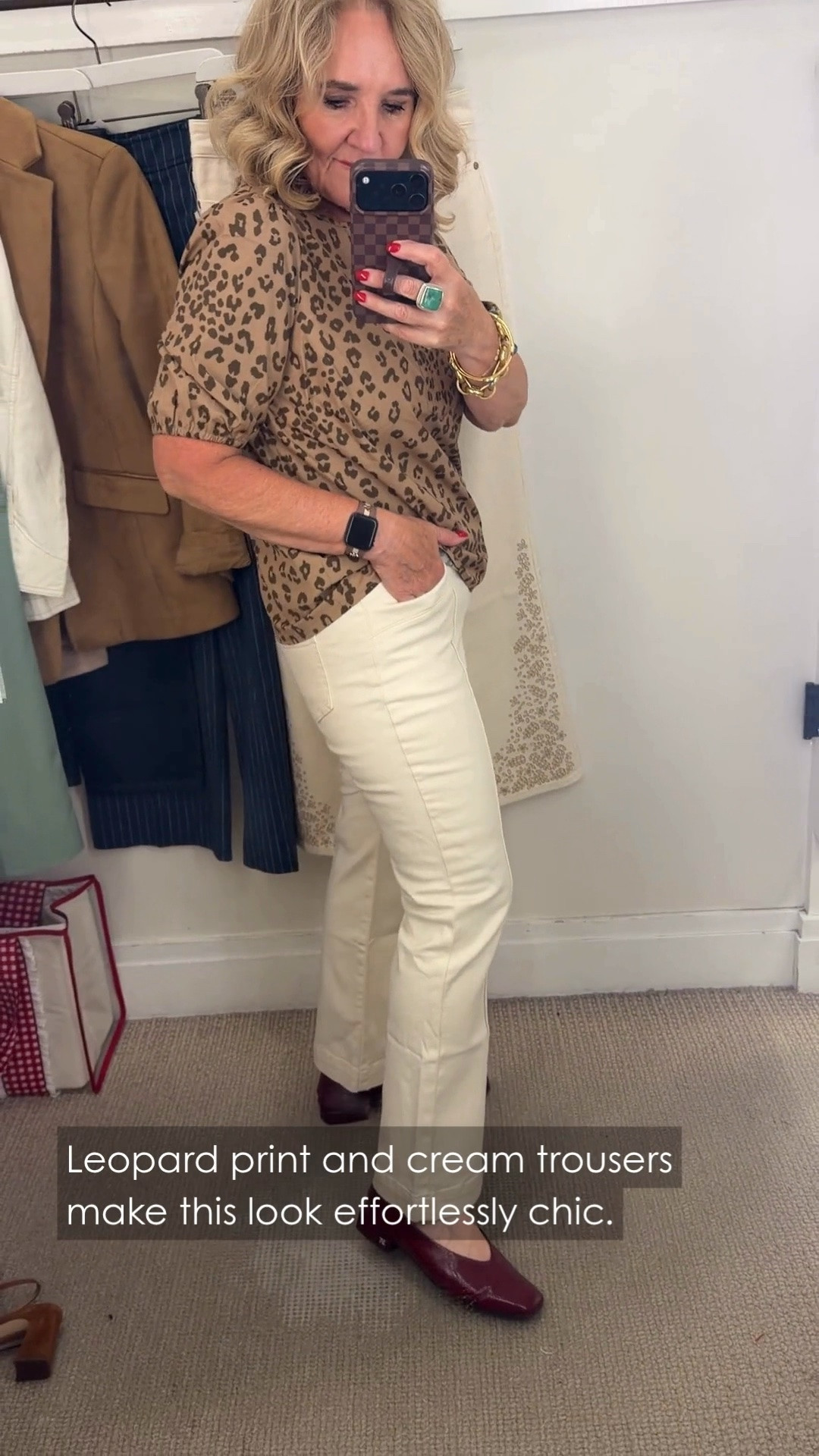 This leopard-print top and cream pants are such an easy way to mix neutrals with a little personality. Burgundy flats add a rich pop of color and keep the look polished.

💡 LTK MADE EASY
❤️ Heart = Support my posts!
🔖 Save = Get sale & restock alerts
📋 Lists = Keep favorites organized
📲 Share = Send lists and products to a friend. Hello, Christmas List!
💬 Comment = Ask me anything about what I'm wearing.:-)

#LTKootd #LTKWorkwear #LTKOver40