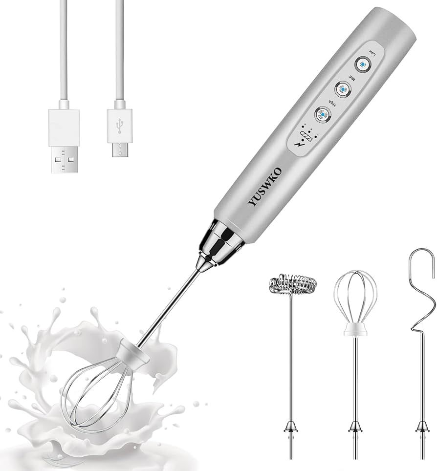 YUSWKO Rechargeable Milk Frother Handheld with 3 Heads, Silver Coffee Electric Whisk Drink Foam M... | Amazon (US)