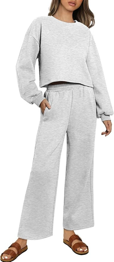 AUTOMET Womens 2 Piece Sweatsuits Outfits Sets Long Sleeve Crop Top Wide Leg Pants Two Piece Loun... | Amazon (US)